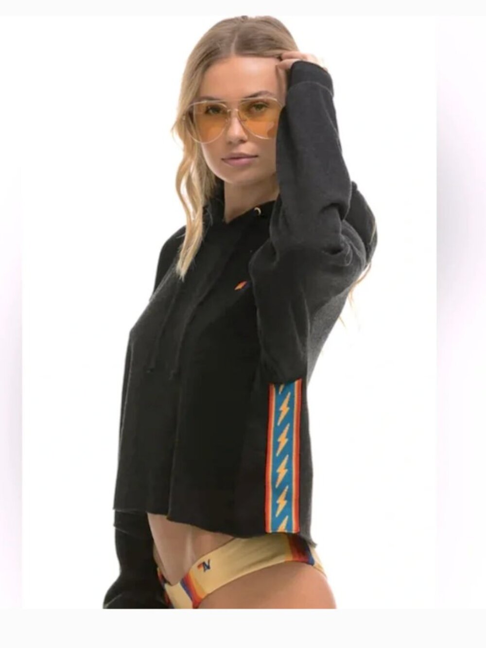 Aviator Nation Bolt Stripe Relaxed Cropped Pullover Hoodie